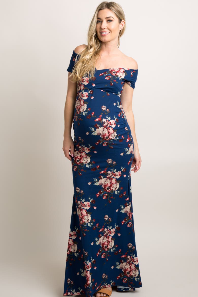 Floral Off Shoulder Wrap Maternity Photoshoot Gown/Dress, Alternate, color, Navy Blue