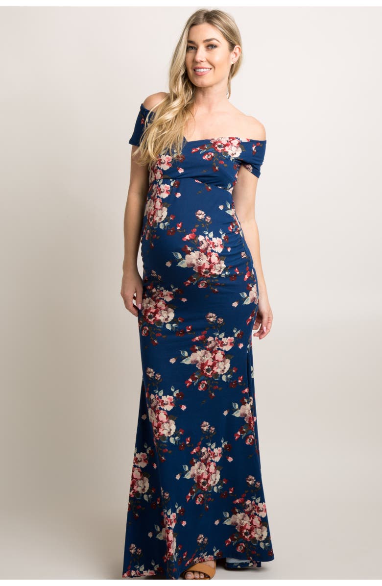 PinkBlush Floral Off Shoulder Wrap Maternity Photoshoot Gown/Dress, Alternate, color, Navy Blue
