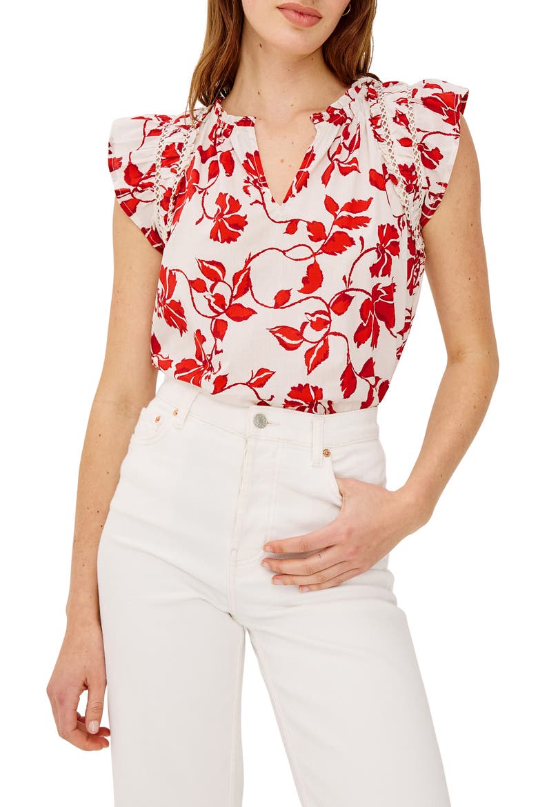 Floral Ladder Stitch Flutter Sleeve Top, Main, color, RED JASMINE