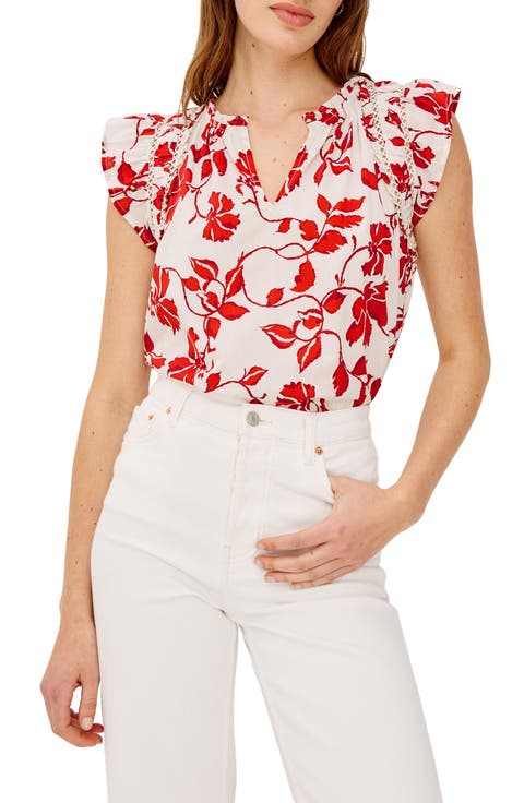 Floral Ladder Stitch Flutter Sleeve Top