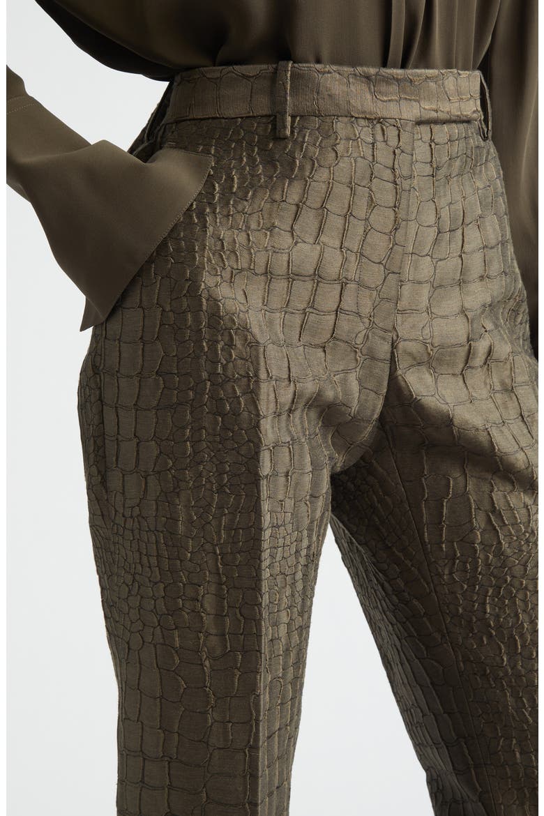 Crocodile Jacquard Linen & Silk Blend Straight Leg Pants, Alternate, color, OLIVE GREEN