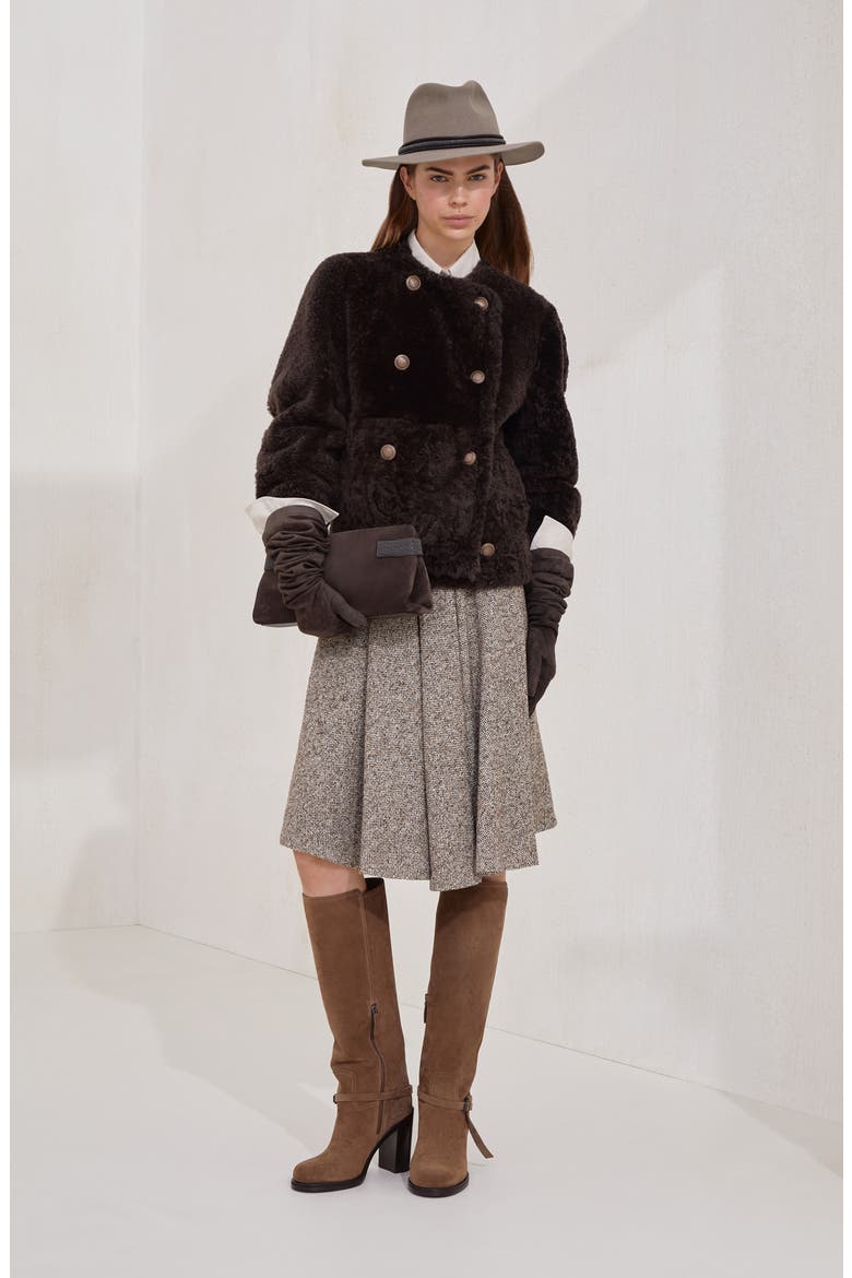 Fuzzy shearling cropped pea coat, Alternate, color, Rust Brown