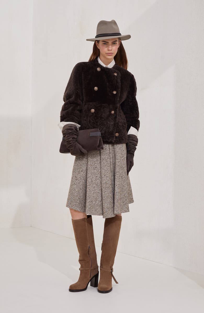 Brunello Cucinelli Fuzzy shearling cropped pea coat, Alternate, color, Rust Brown