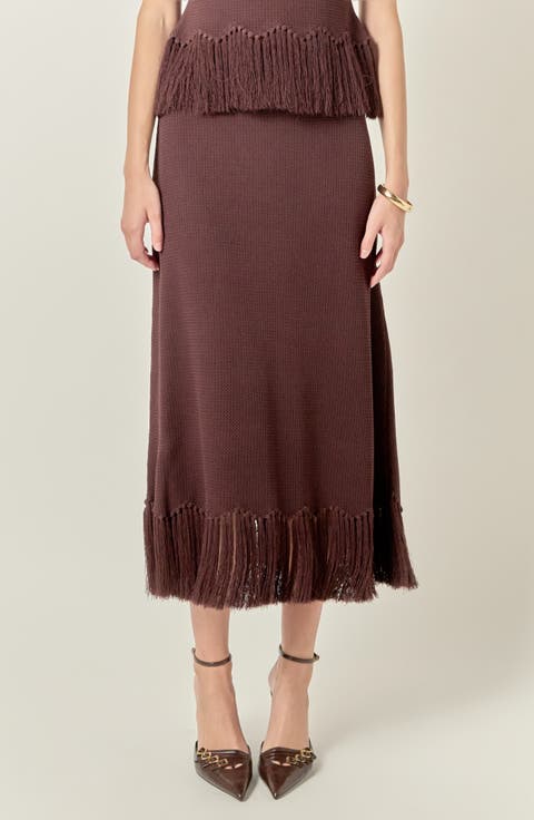 Fringe Hem Knit Midi Skirt
