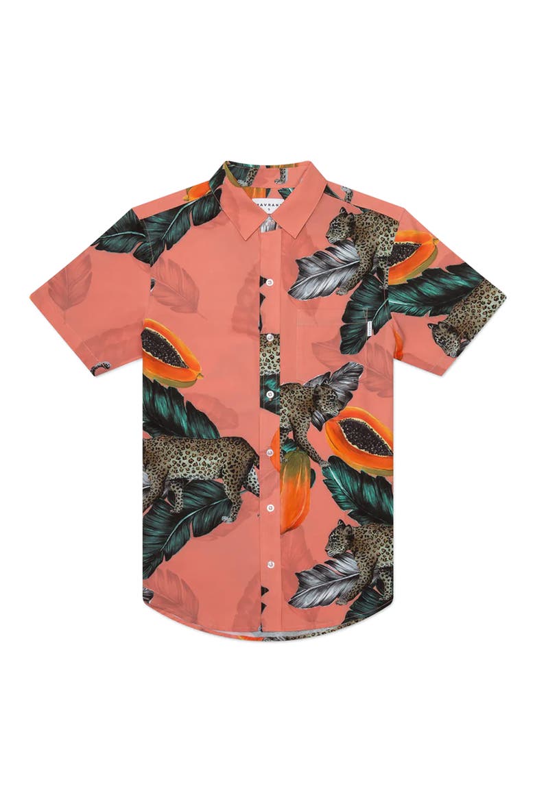 Tailored Fit Fruta Bomba Waterproof Short Sleeve Performance Button-Up Shirt, Main, color, CORAL