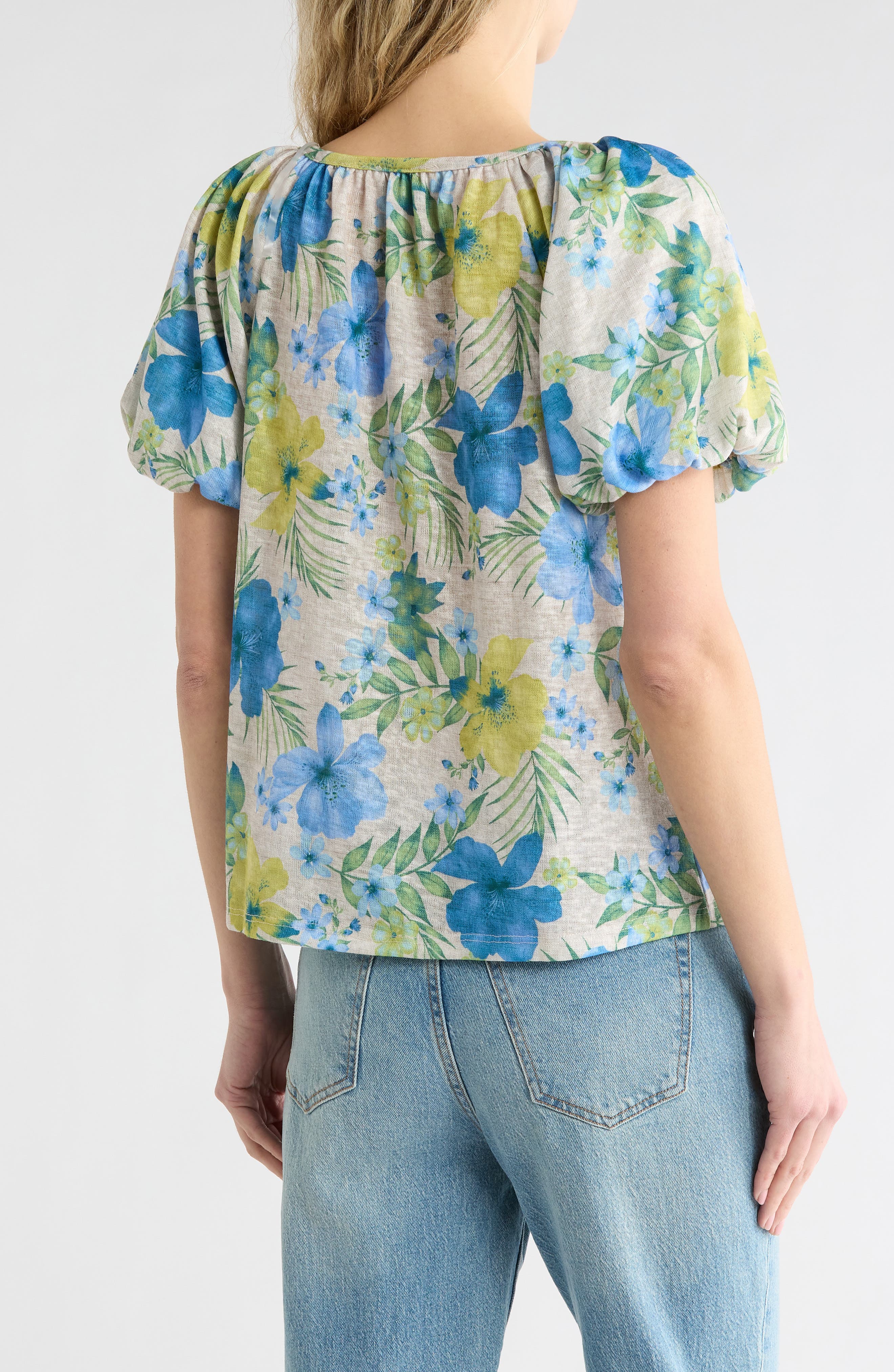 Floral Puff Sleeve Slubbed Jersey Top - image 2