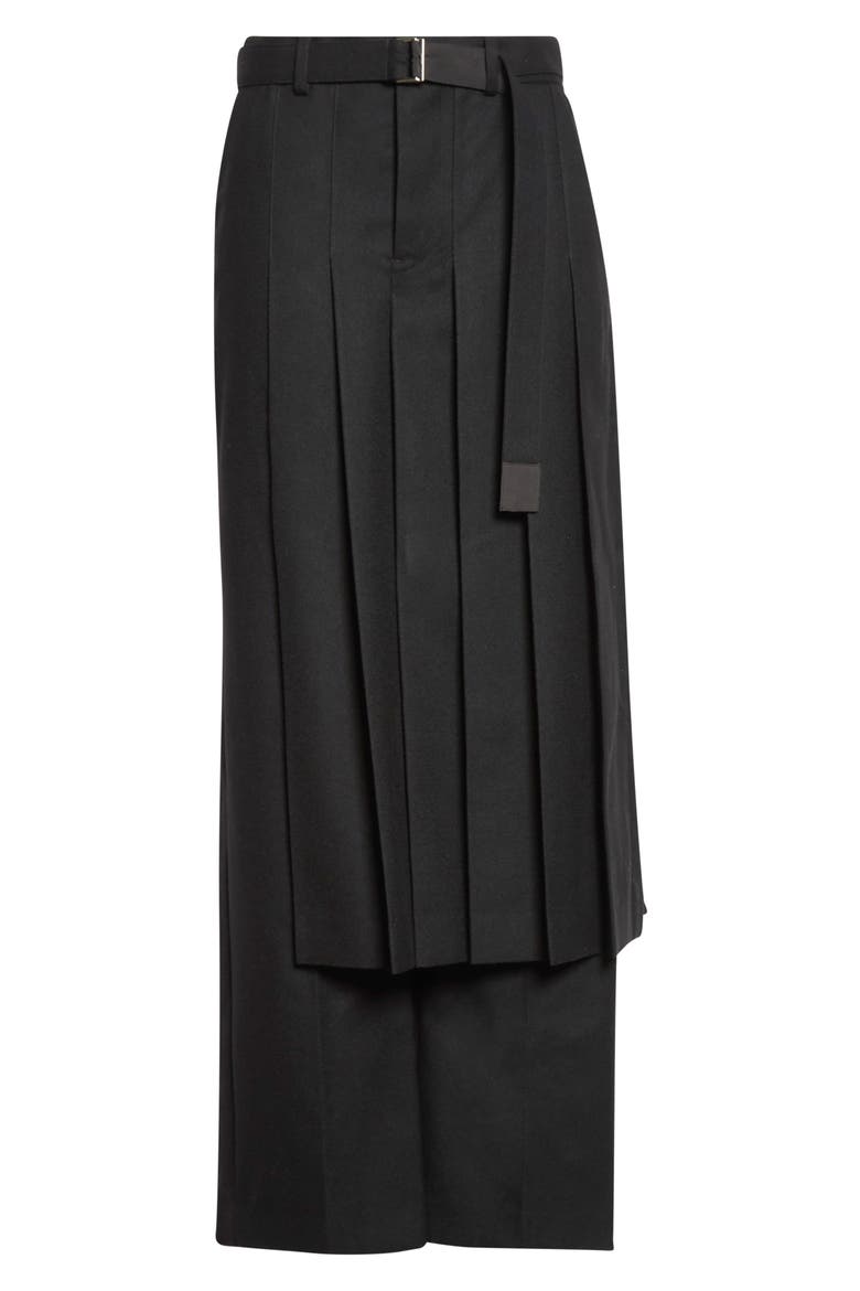 Pleated Overlay Wool Flannel Wide Leg Pants, Main, color, BLACK