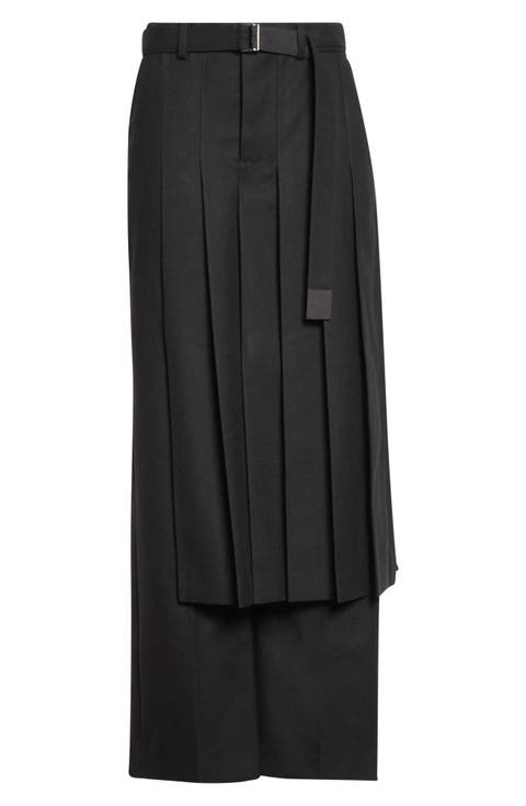 Pleated Overlay Wool Flannel Wide Leg Pants