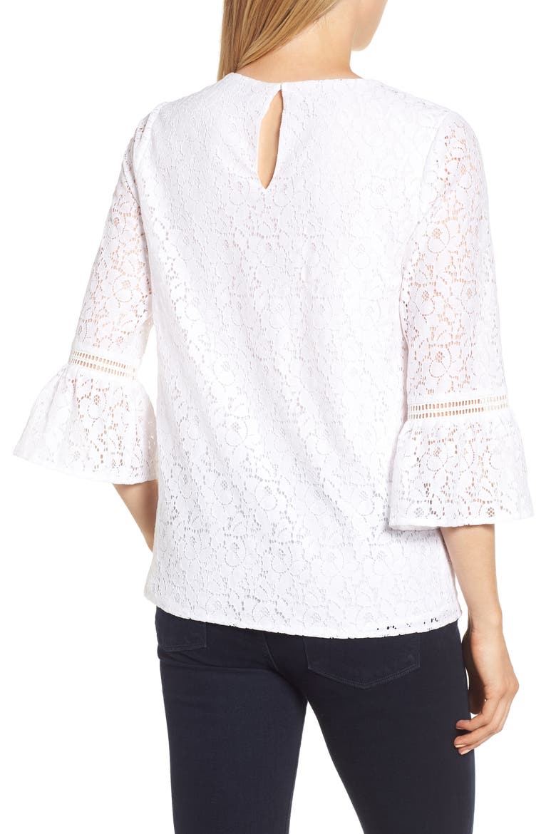 Gibson x Glam Squad Erin Allover Lace Bell Sleeve Top (Nordstrom Exclusive), Alternate, color, WHITE
