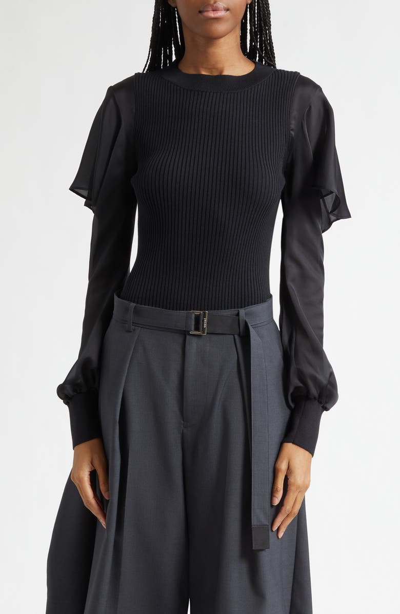 Sacai Satin x Cotton Knit Pullover, Main, color, Black