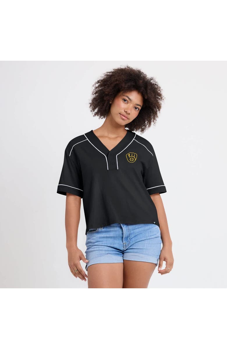FANATICS Women's Fanatics Black Milwaukee Brewers Oversized Champ Game Cropped V-Neck T-Shirt, Alternate, color, 