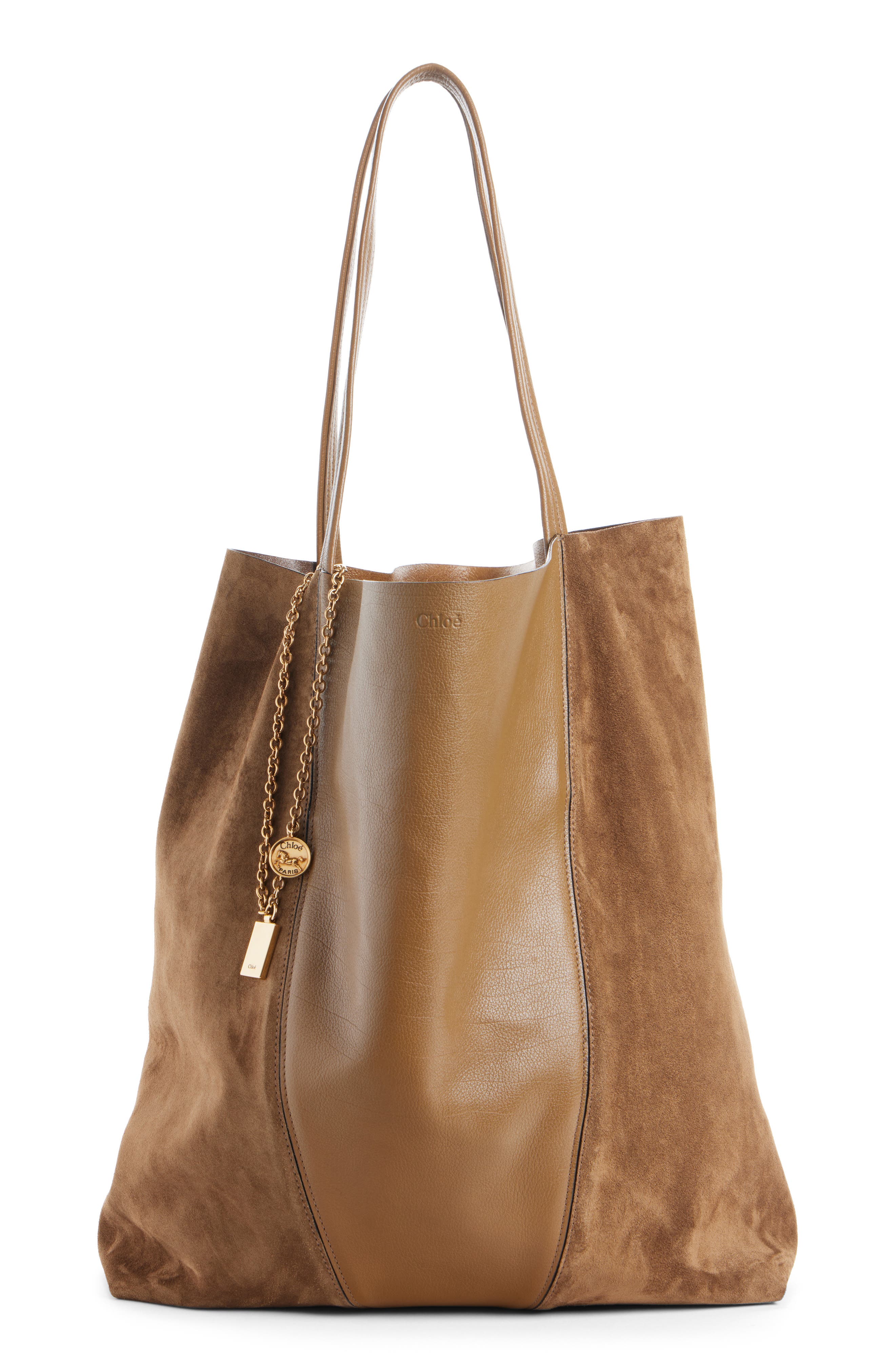 Chloé Medium Spin Leather & Suede Tote, Main, color, Dark Khaki