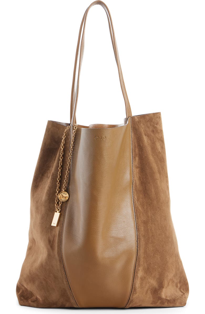 Chloé Medium Spin Leather & Suede Tote, Main, color, Dark Khaki