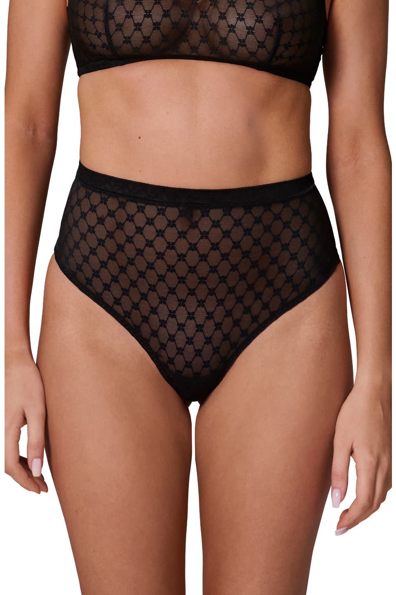 Plume Embroidered High Waist Shaping Thong, Main, color, BLACK