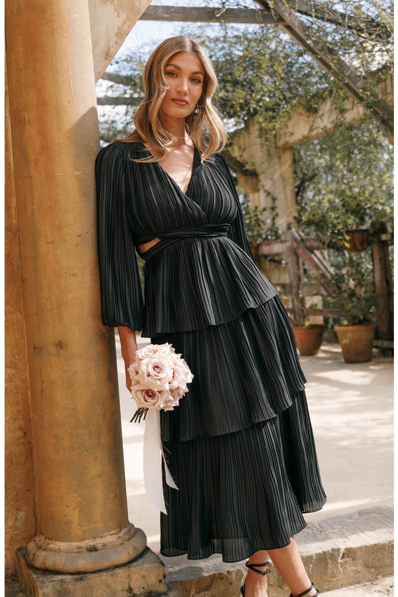 Pippa Side Cutout Long Sleeve Tiered Midi Dress, Alternate, color, BLACK