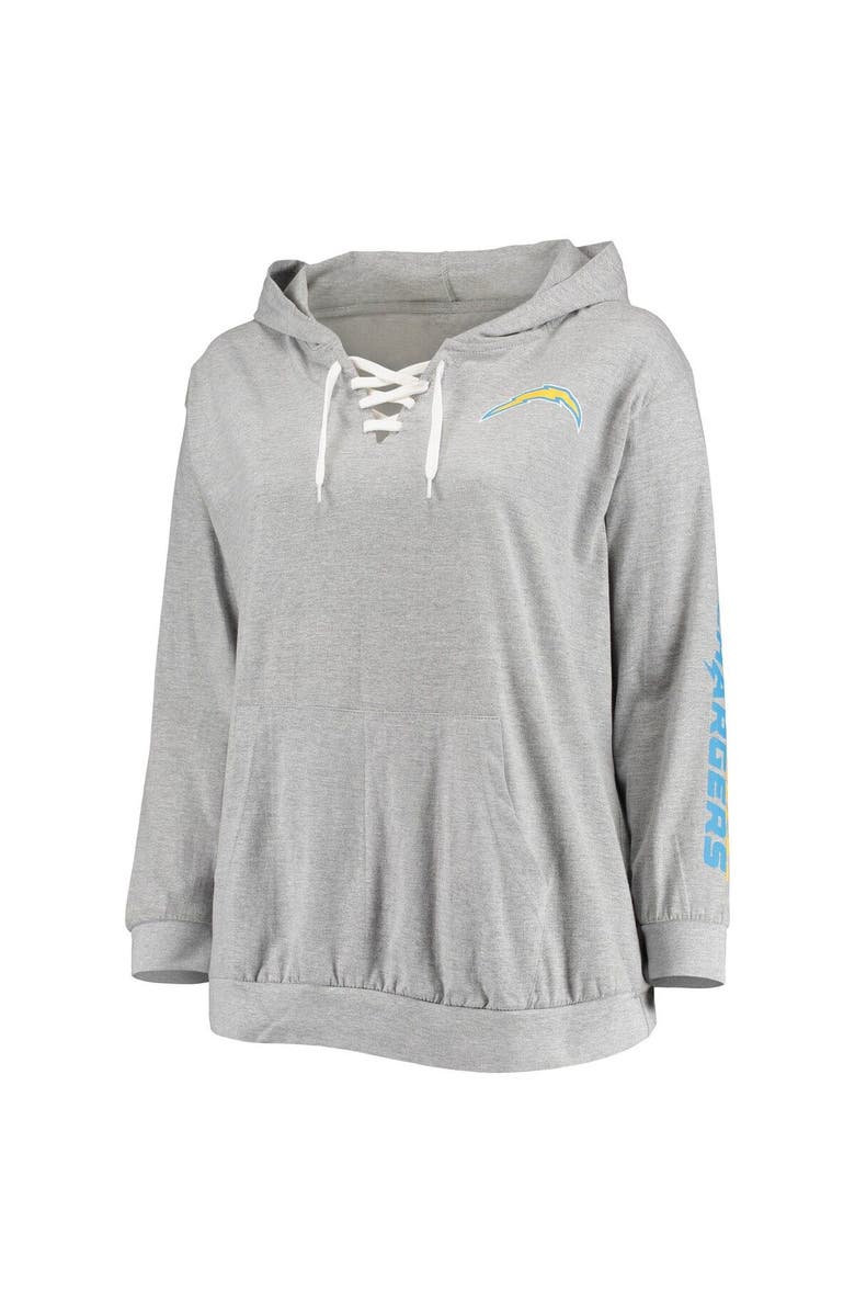FANATICS Women's Fanatics Branded Heathered Gray Los Angeles Chargers Plus Size Lace-Up Pullover Hoodie, Alternate, color, 