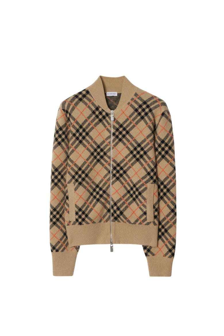 Check Cashmere Bomber Jacket, Alternate, color, Sand