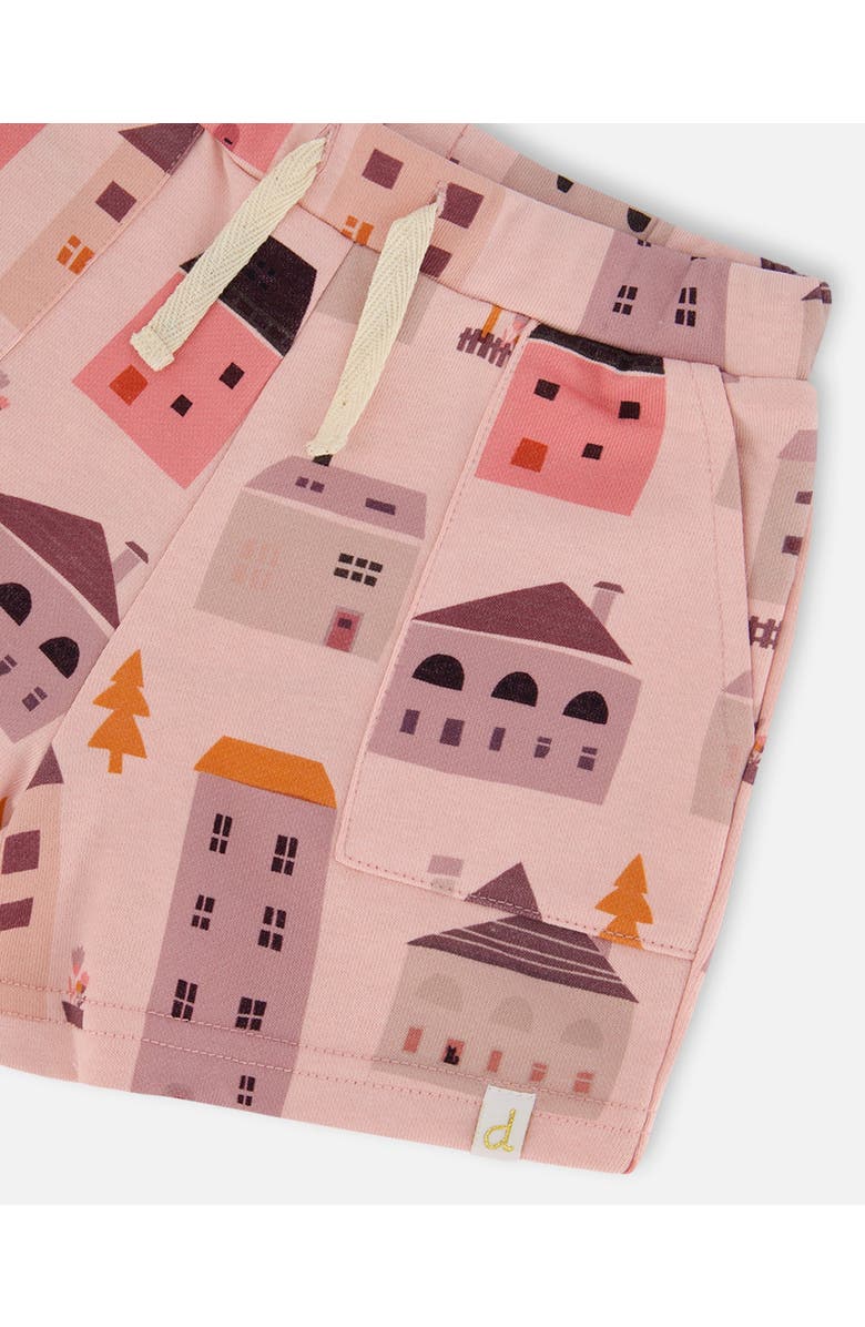 Deux par Deux Little Girl's Printed French Terry Short Pink And Coral Houses, Alternate, color, 