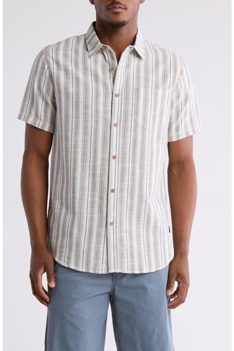 Rio Stripe Short Sleeve Button-Up Shirt, Main, color, WHALE