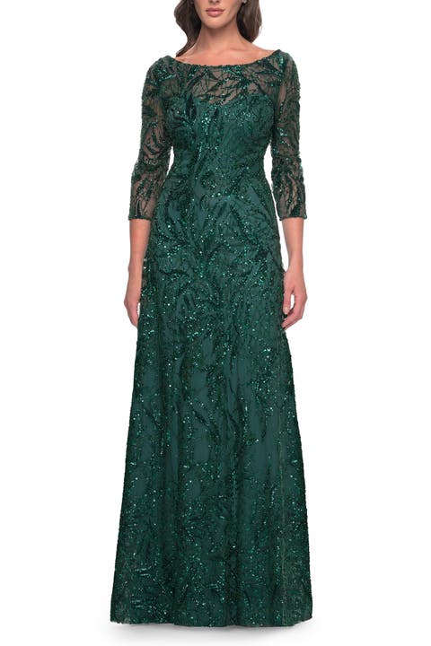 Beautiful Beaded Long Dress with Illusion Sleeves