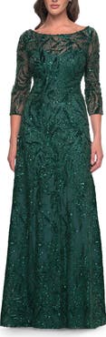 La Femme Beautiful Beaded Long Dress with Illusion Sleeves