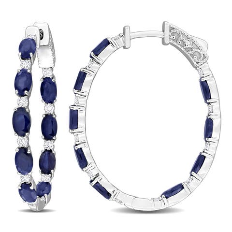 Blue Sapphire & Diamond Hoop Earrings 14K