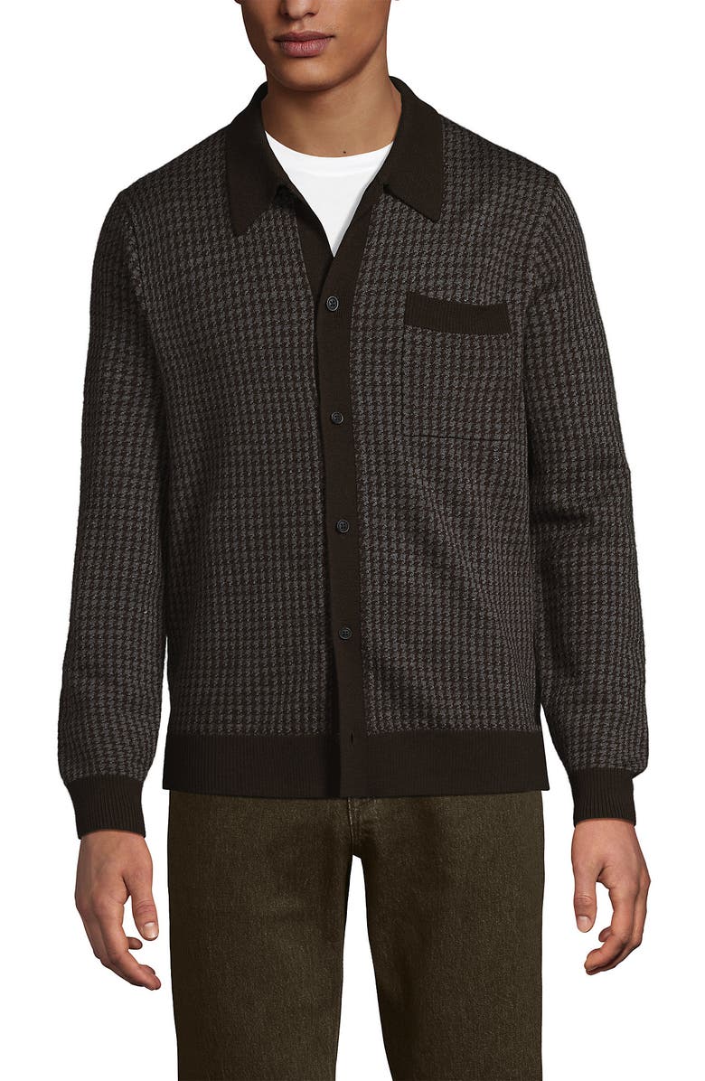 Lands' End Long Sleeve Washable Merino Button Through Sweater Polo, Alternate, color, Rich Coffee Houndstooth