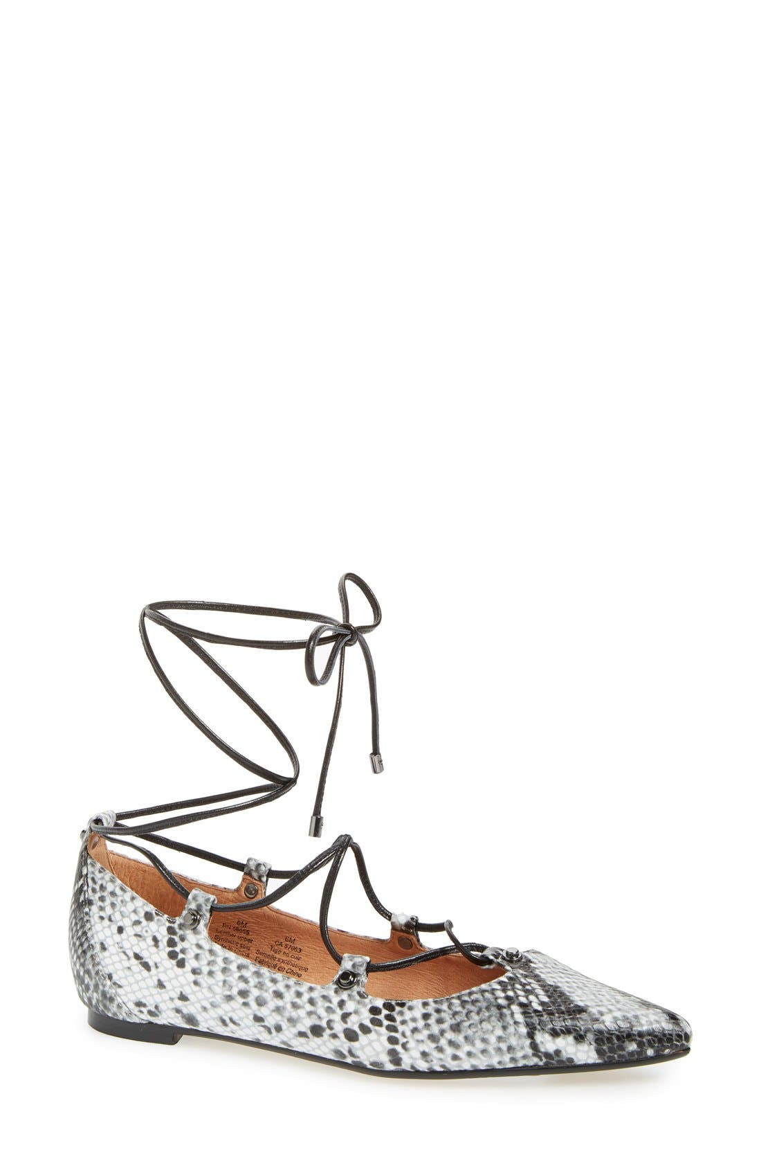 'Owen' Pointy Toe Ghillie Flat, Main, color, WHITE/BLK SNAKE PRINT LEATHER