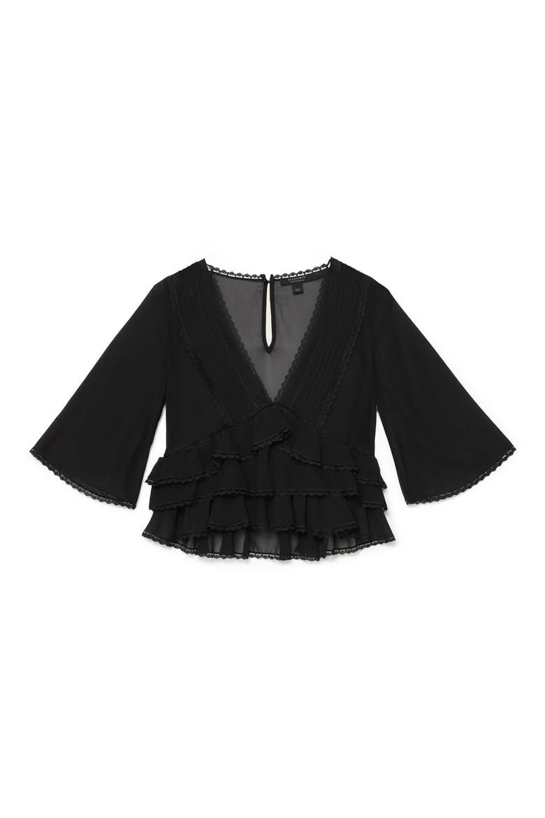 Plunge Neck Tiered Ruffle Lace Trim Top, Alternate, color, BLACK