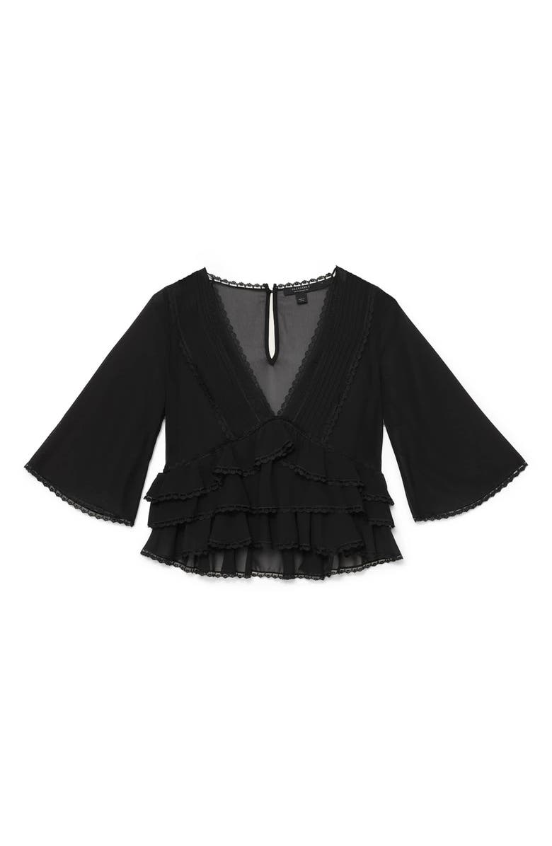 AllSaints Plunge Neck Tiered Ruffle Lace Trim Top, Alternate, color, Black