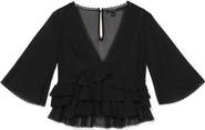 AllSaints Plunge Neck Tiered Ruffle Lace Trim Top