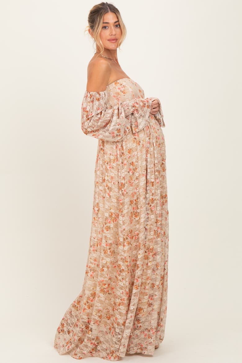 Color Floral Lace Smocked Long Sleeve Off Shoulder Maxi Dress, Alternate, color, Multi