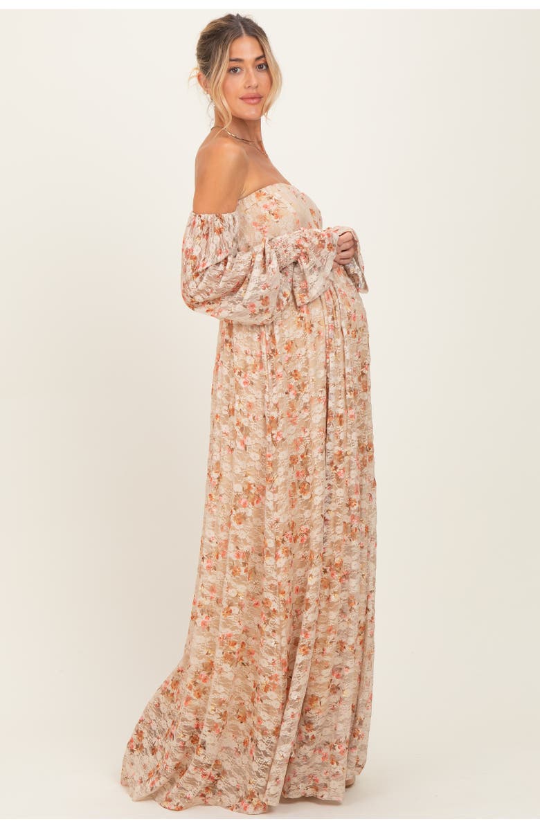 PinkBlush Color Floral Lace Smocked Long Sleeve Off Shoulder Maxi Dress, Alternate, color, Multi