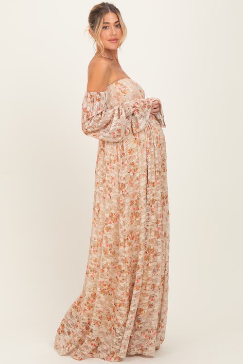 Pinkblush Color Floral Lace Smocked Long Sleeve Off Shoulder Maxi Dress In Multi