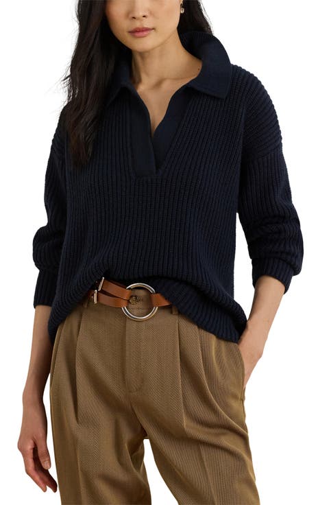 Rib Wool Blend Johnny Collar Sweater