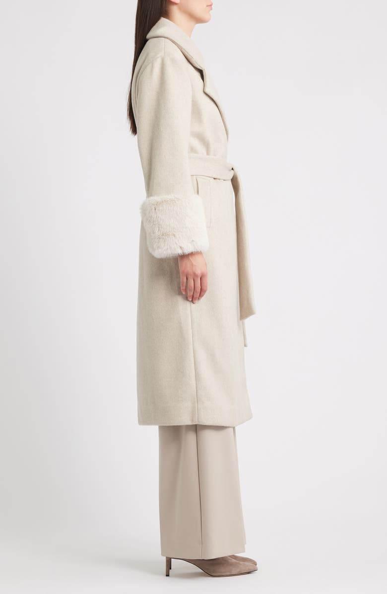 Anne Klein Belted Faux Fur Cuff Coat, Alternate, color, Soft Birch Melange