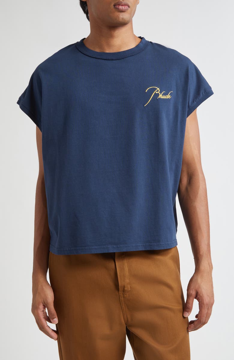 Rhude Classique Cutoff Graphic T-Shirt, Main, color, Navy/ Yellow 0043