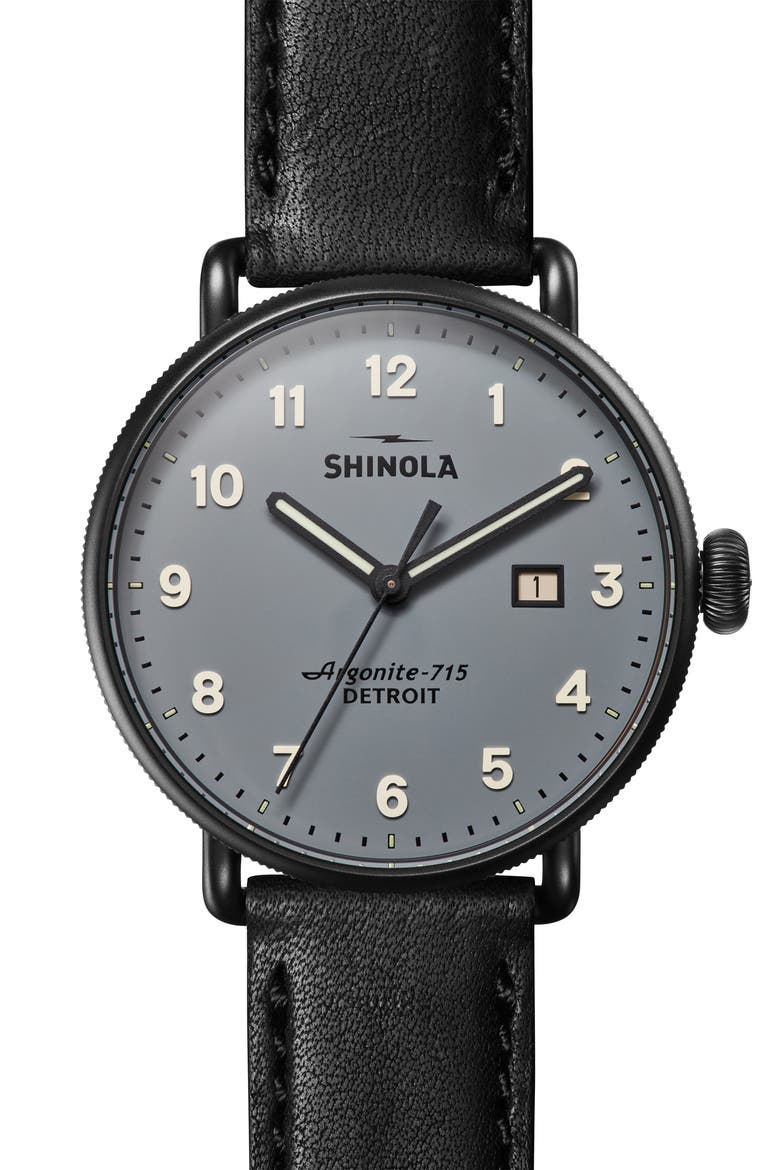 The Canfield Leather Strap Watch, 43mm, Main, color, BLACK/ GREY/ BLACK