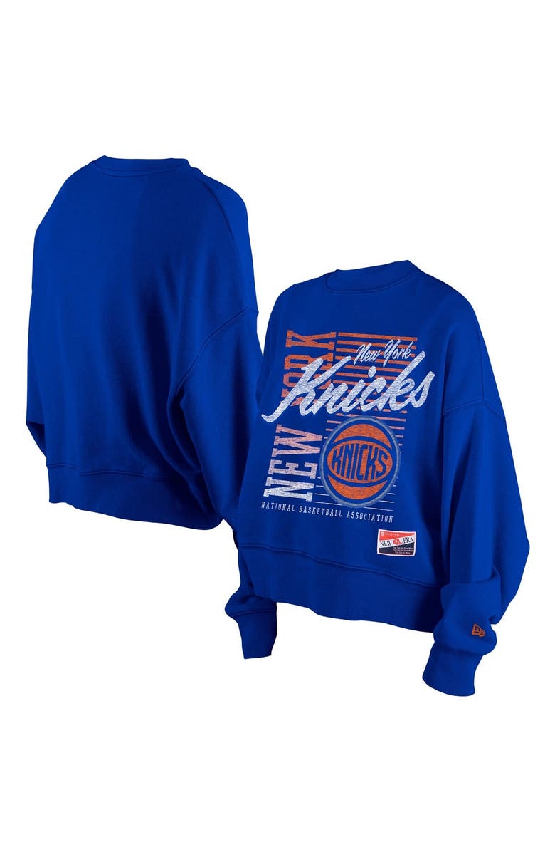 New Era Women's New Era Blue New York Knicks Boxy Throwback Mineral Wash Sweatshirt, Main, color, Blue