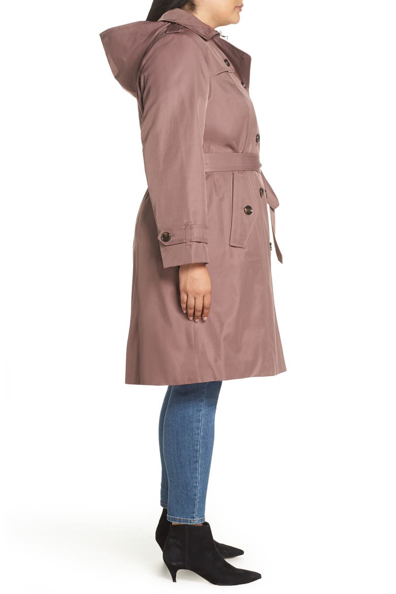 Knee Length Water Repellent Hooded Trench Coat, Alternate, color, ADOBE