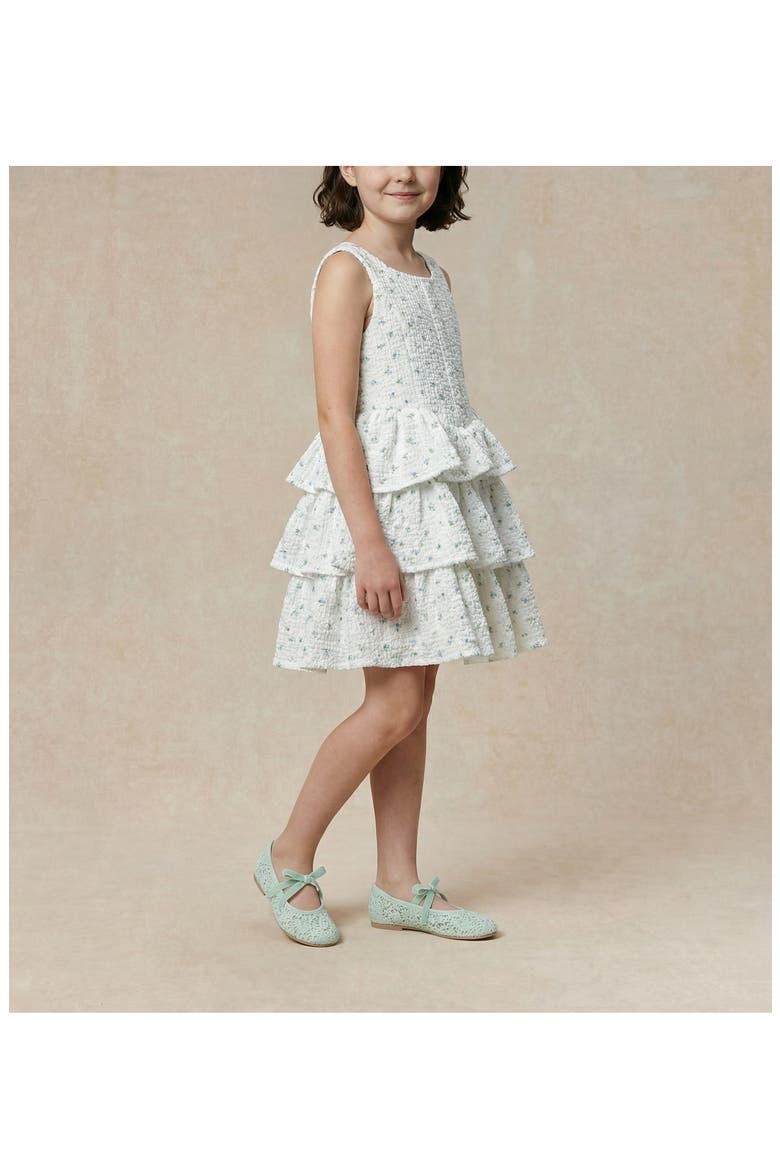 Kids' Floral Puckered Tiered Party Dress, Alternate, color, WHITE/ BLUE
