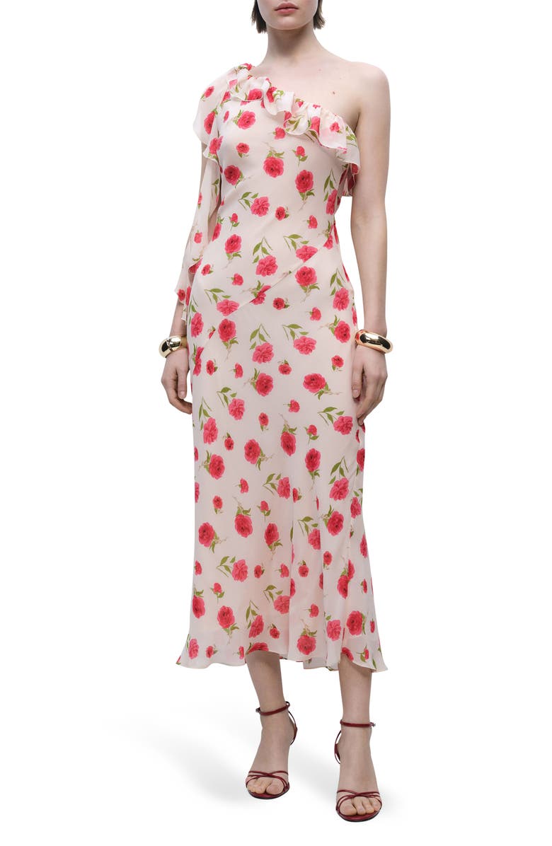 MANGO Rose Ruffle One-Shoulder Maxi Dress, Main, color, Ecru
