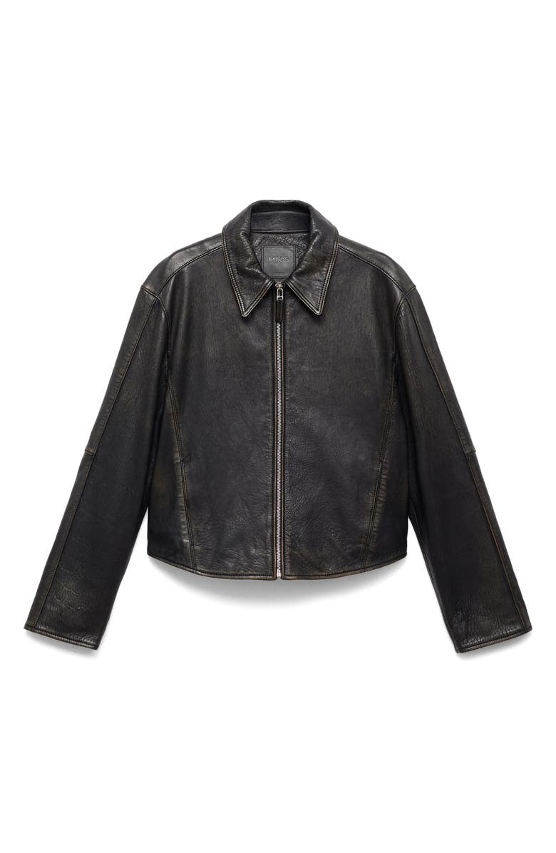 MANGO Leather Bomber Jacket, Alternate, color, Black