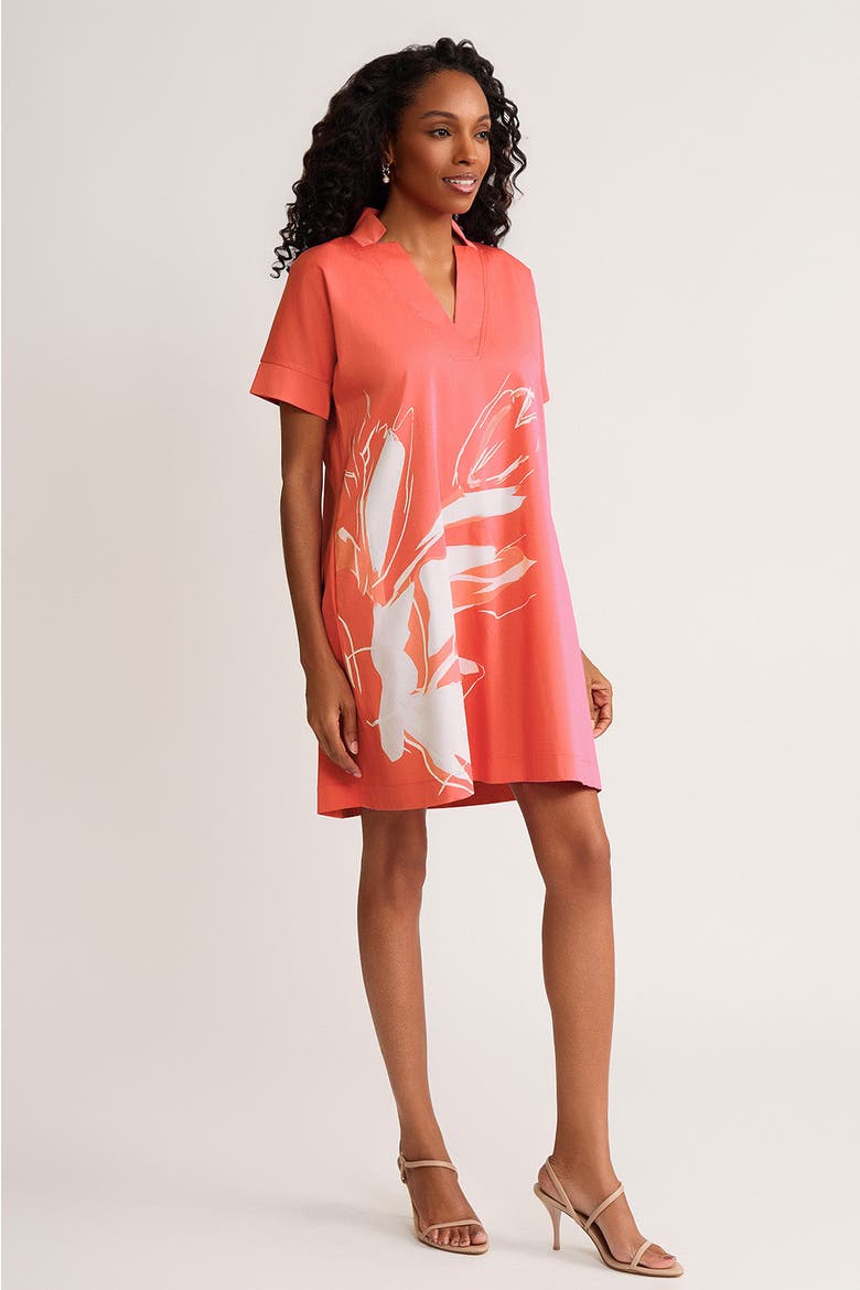 Relaxed A-Line Floral Printed Stretch Cotton Dress, Alternate, color, Sunkist Coral/White