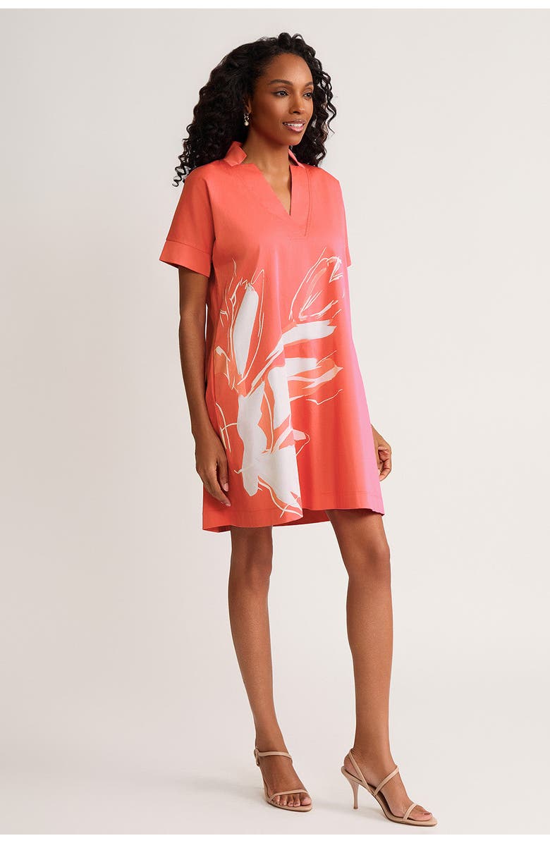 Ming Wang Relaxed A-Line Floral Printed Stretch Cotton Dress, Alternate, color, Sunkist Coral/White