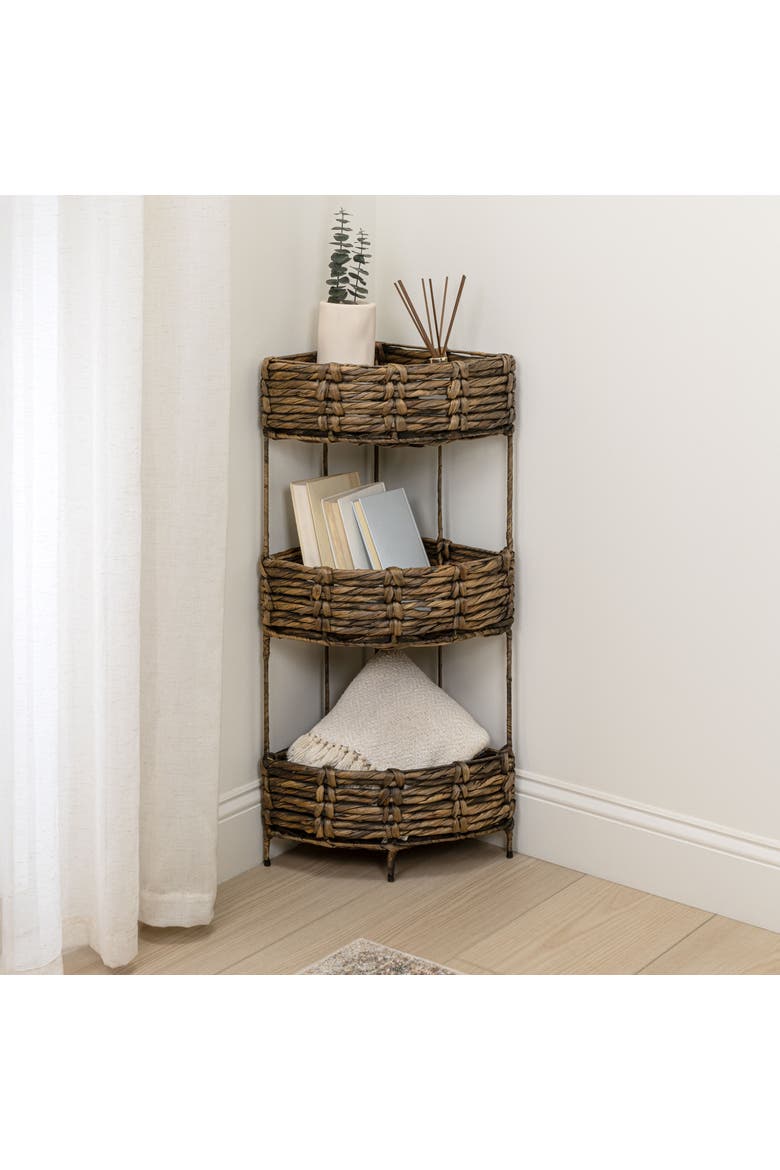 Lavish Coastal Handwoven Water Hyacinth 3-Tier Corner Freestanding Storage Rack with Metal Frame, Alternate, color, Brown