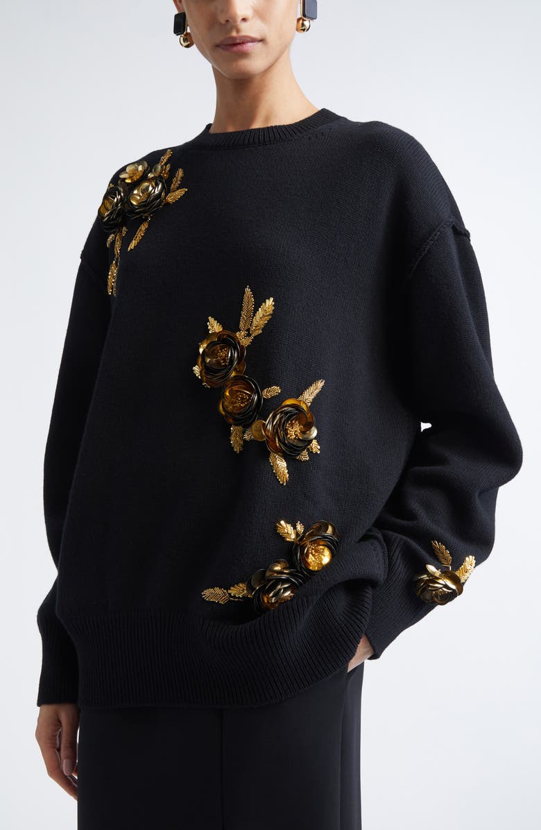 Carolina Herrera Floral Embroidered Oversize Virgin Wool & Cashere Sweater, Alternate, color, Black Multi