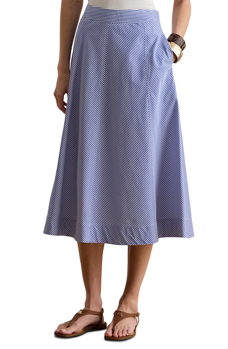 Lauren Ralph Lauren Striped Paneled Cotton Broadcloth Skirt, Main, color, Blue/ White