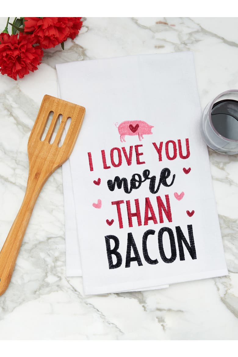 "I Love You More Than Bacon" Piggy 100% Cotton Flour Sack Valentine's Day Dishtowel, Alternate, color, red
