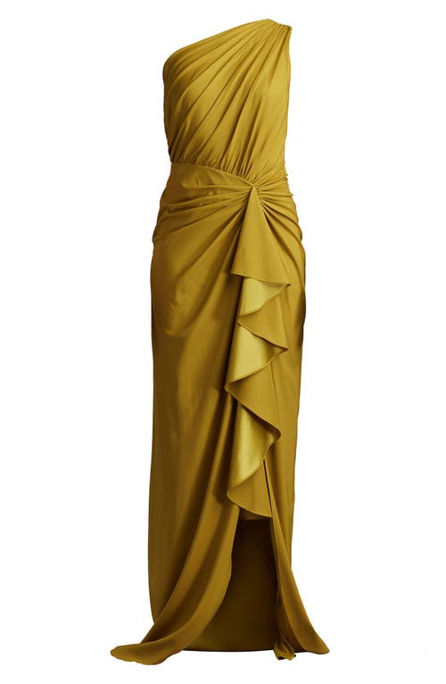 Tadashi Shoji One-shoulder Side Ruffle Gown In Gold